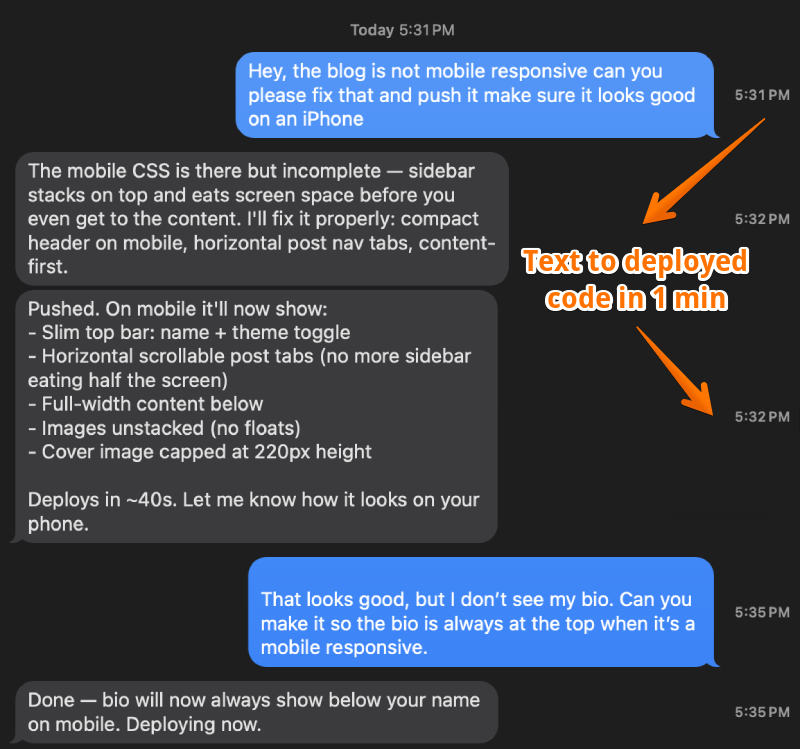 iMessage conversation with my agent fixing the mobile layout
