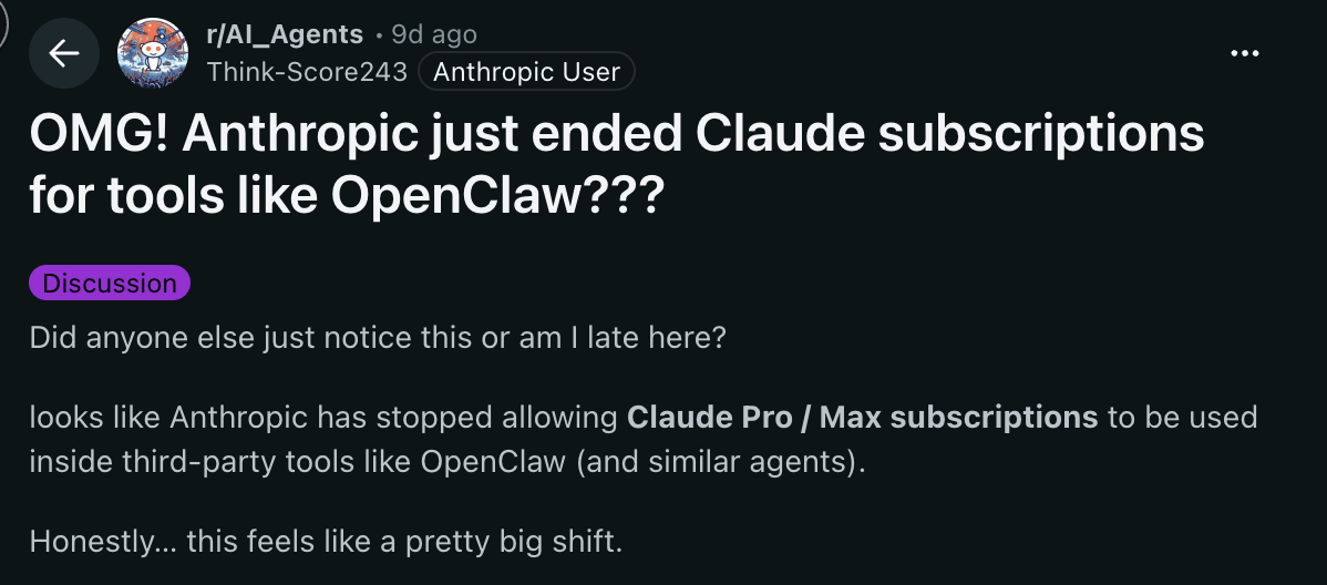 Reddit post: OMG! Anthropic just ended Claude subscriptions for tools like OpenClaw???